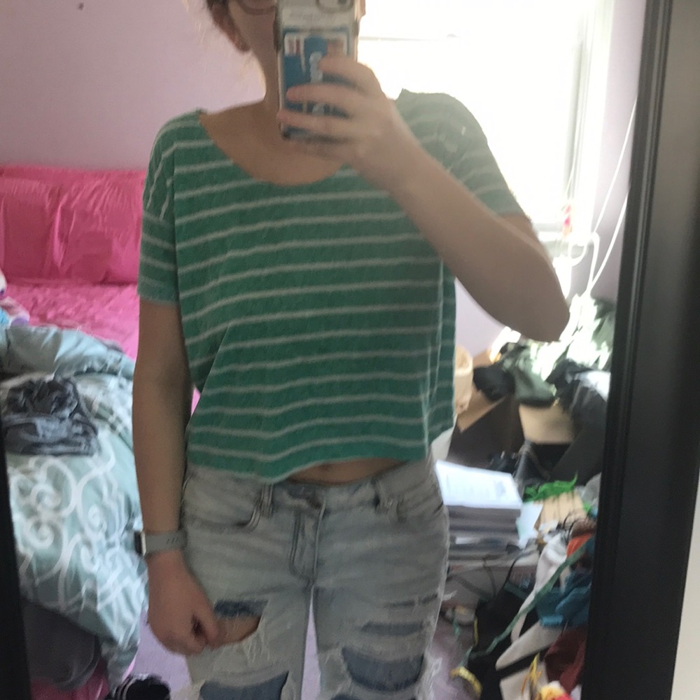 Teal and white striped crop top